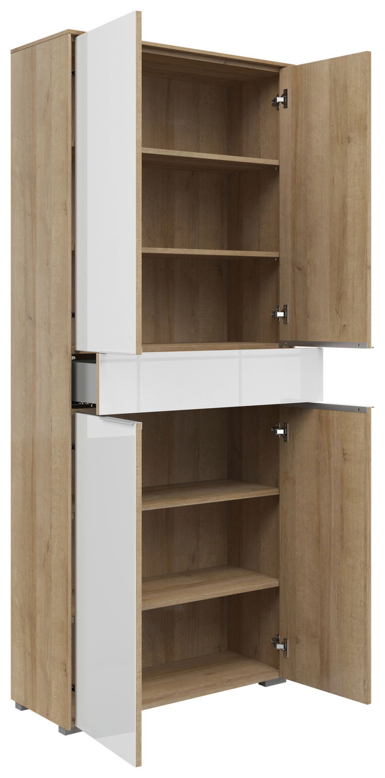 Aktenschrank mit vier Türen und einer Schublade, aus Holz und weißen Elementen, geöffnet, seitliche Perspektive