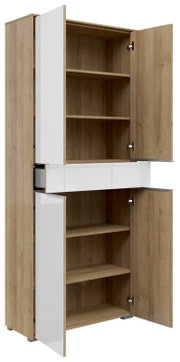Aktenschrank mit vier Türen und einer Schublade, aus Holz und weißen Elementen, geöffnet, seitliche Perspektive