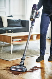 Person saugt mit einem kabellosen Bodenstaubsauger Expert 6.60 E aus der Nähe Schmutz von einem Holzboden auf.