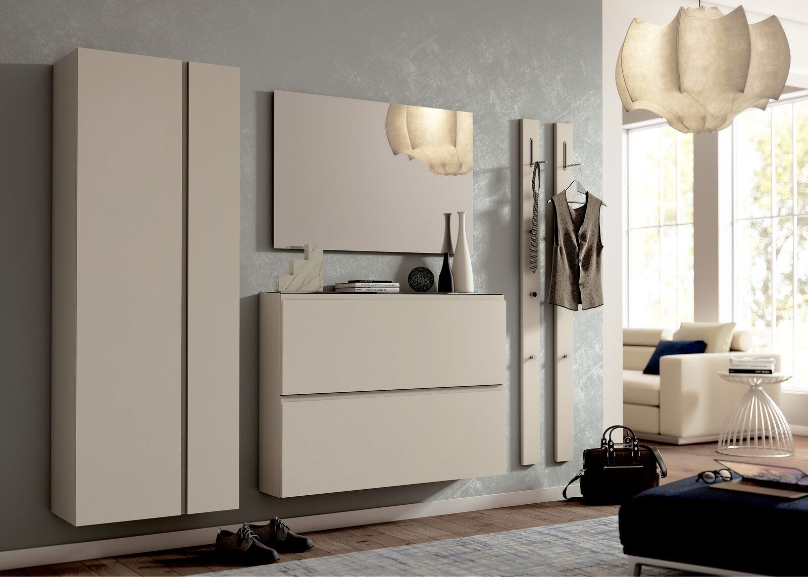 Moderano Garderoben-Set LECCO Modernes Garderobenset in Beige mit Spiegel, Schuhschrank und Kleiderhaken, seitliche Perspektive