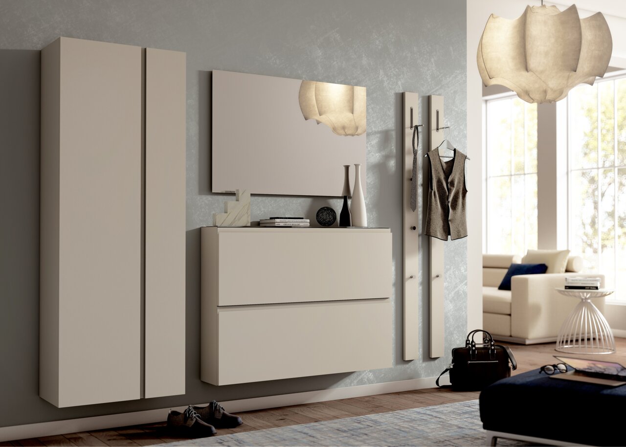 Modernes Garderobenset in Beige mit Spiegel, Schuhschrank und Kleiderhaken, seitliche Perspektive