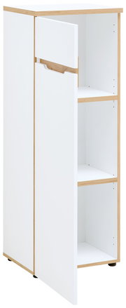 Weißer, schmaler Aktenschrank mit zwei offenen Türen, aus hellem Holz, seitliche Perspektive