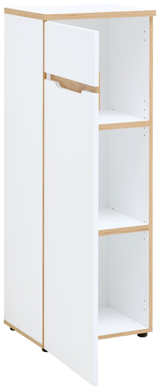Weißer, schmaler Aktenschrank mit zwei offenen Türen, aus hellem Holz, seitliche Perspektive