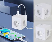 Weißer Steckdosenwürfel mit mehreren Steckplätzen und USB-Anschlüssen, perspektivisch von vorne und oben gezeigt.