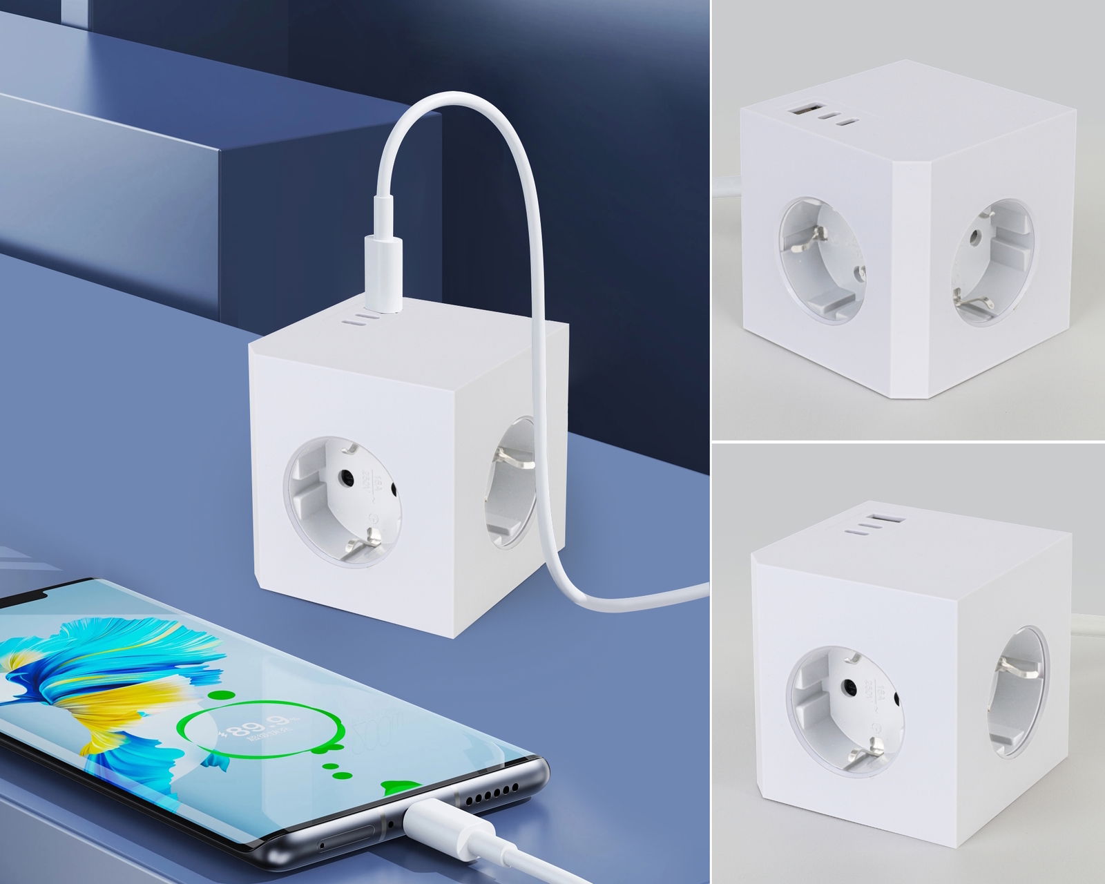 Weißer Steckdosenwürfel mit mehreren Steckplätzen und USB-Anschlüssen, perspektivisch von vorne und oben gezeigt.
