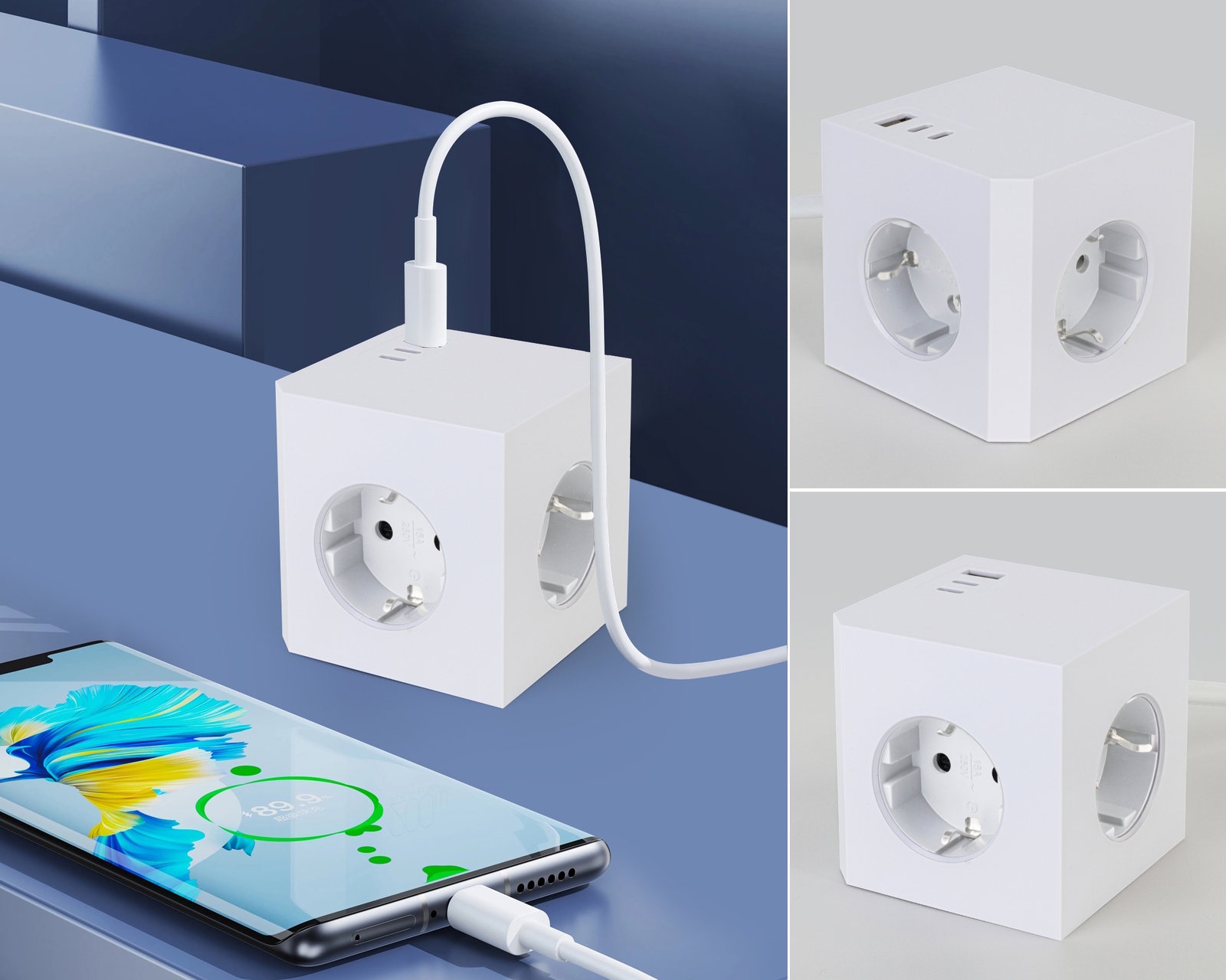 Weißer Steckdosenwürfel mit mehreren Steckplätzen und USB-Anschlüssen, perspektivisch von vorne und oben gezeigt.