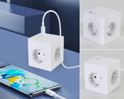 Weißer Steckdosenwürfel mit mehreren Steckplätzen und USB-Anschlüssen, perspektivisch von vorne und oben gezeigt.