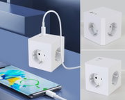 Weißer Steckdosenwürfel mit mehreren Steckplätzen und USB-Anschlüssen, perspektivisch von vorne und oben gezeigt.