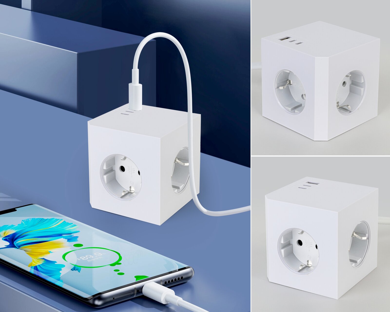 Mican Steckdosenwürfel PLUG BOX Weißer Steckdosenwürfel mit mehreren Steckplätzen und USB-Anschlüssen, perspektivisch von vorne und oben gezeigt.