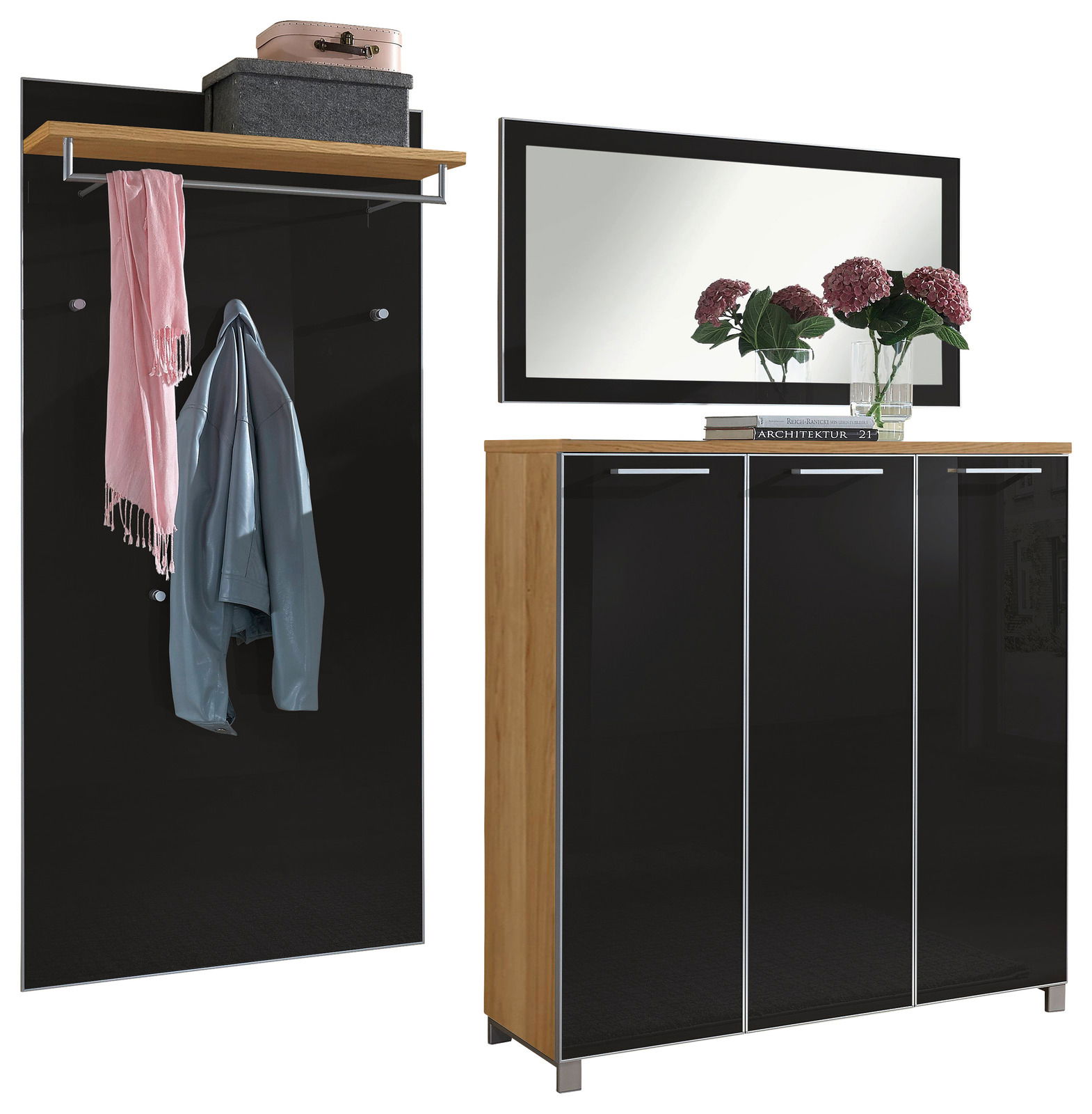 VOSS Garderoben-Set 3-tlg. SANTINA Garderoben-Set 3-tlg. in modernem Design mit schwarzer Hochglanzoberfläche und Holzdetails, bestehend aus einem Wandpaneel mit Kleiderhaken und Ablage, sowie einem Schuhschrank mit Spiegelaufsatz. Frontalansicht.