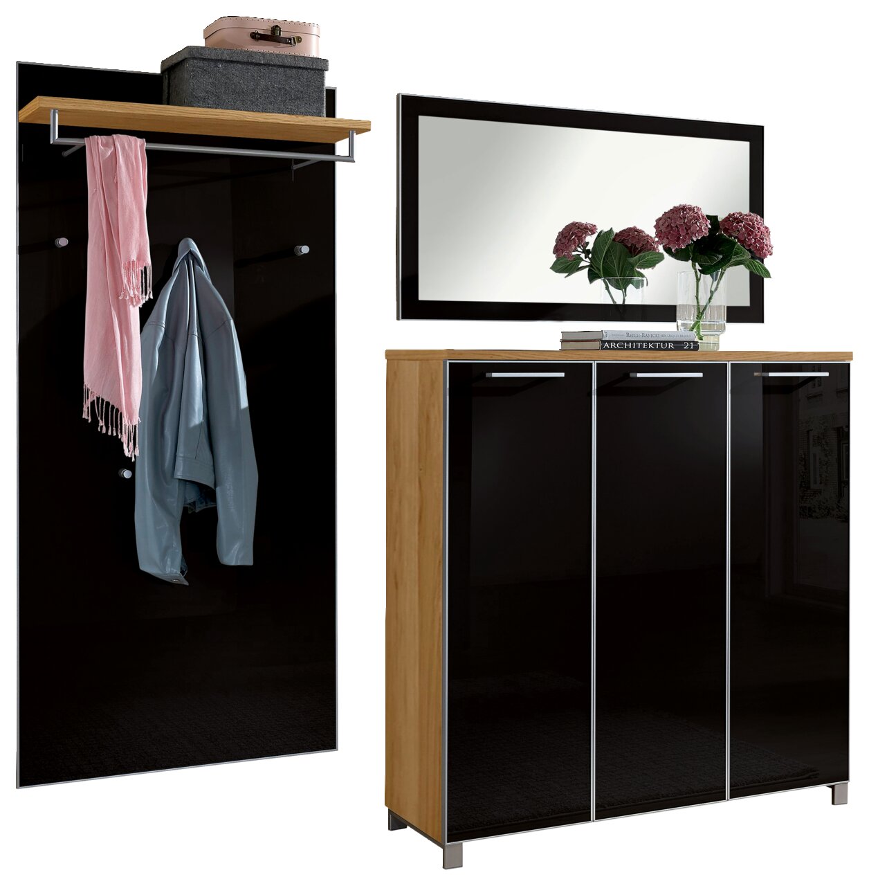 Garderoben-Set 3-tlg. in modernem Design mit schwarzer Hochglanzoberfläche und Holzdetails, bestehend aus einem Wandpaneel mit Kleiderhaken und Ablage, sowie einem Schuhschrank mit Spiegelaufsatz. Frontalansicht.