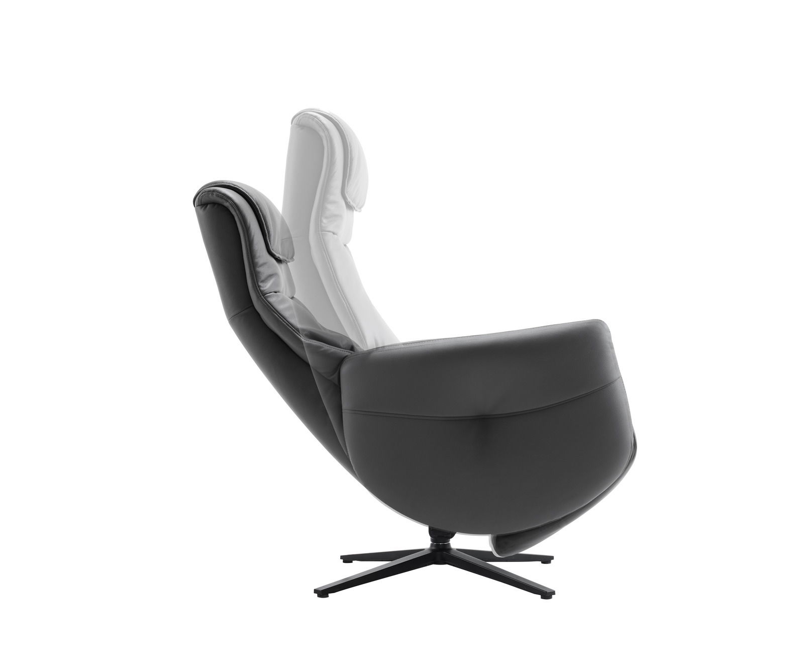 Seitenansicht eines modernen Relaxsessels in dunklem Leder mit verstellbarer Rückenlehne auf einem drehbaren Metallfuß.