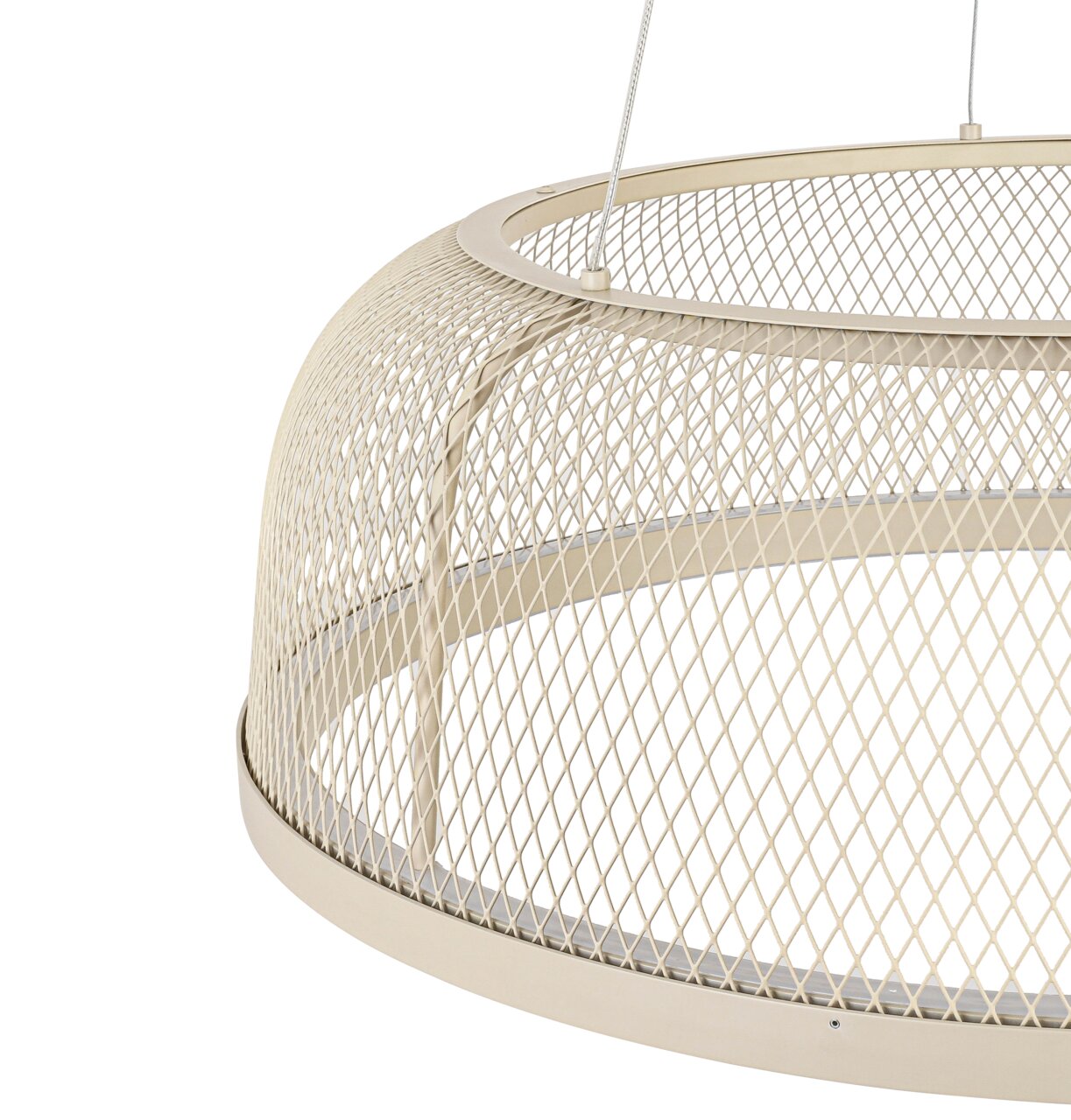 Close-up van een crèmekleurige LED-hanglamp met een roosterpatroon, gezien vanaf de zijkant