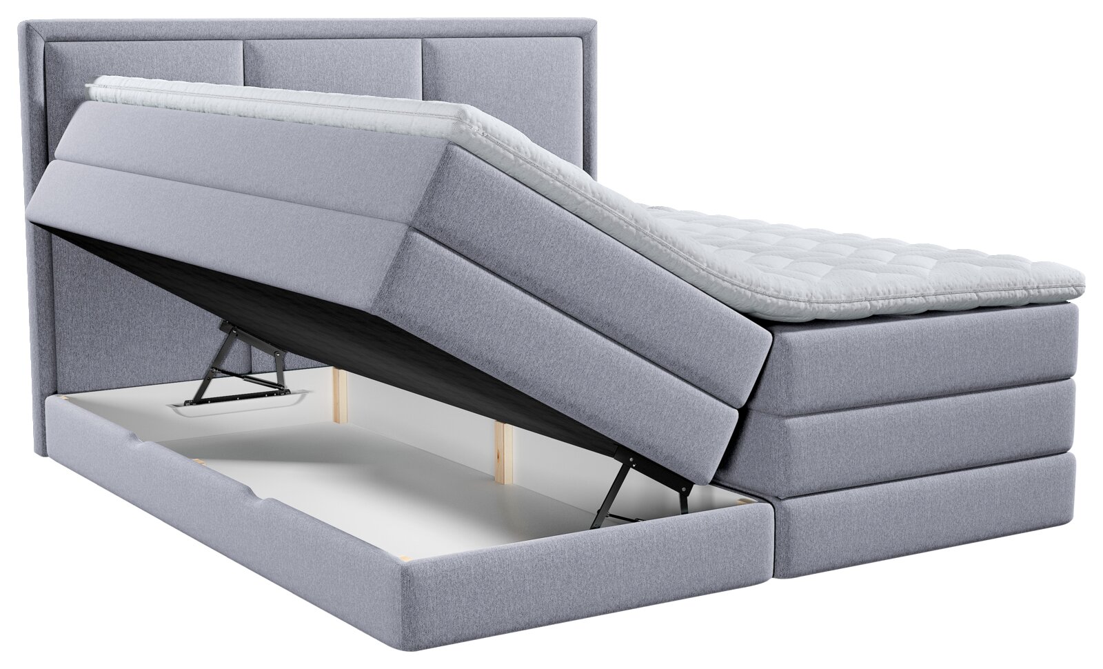 Lichtgrijs gestoffeerd boxspringbed met hoog hoofdbord, comfortabele topper en omhooggeklapte bedbodem met ruime opbergruimte, vanuit schuin vooraanzicht