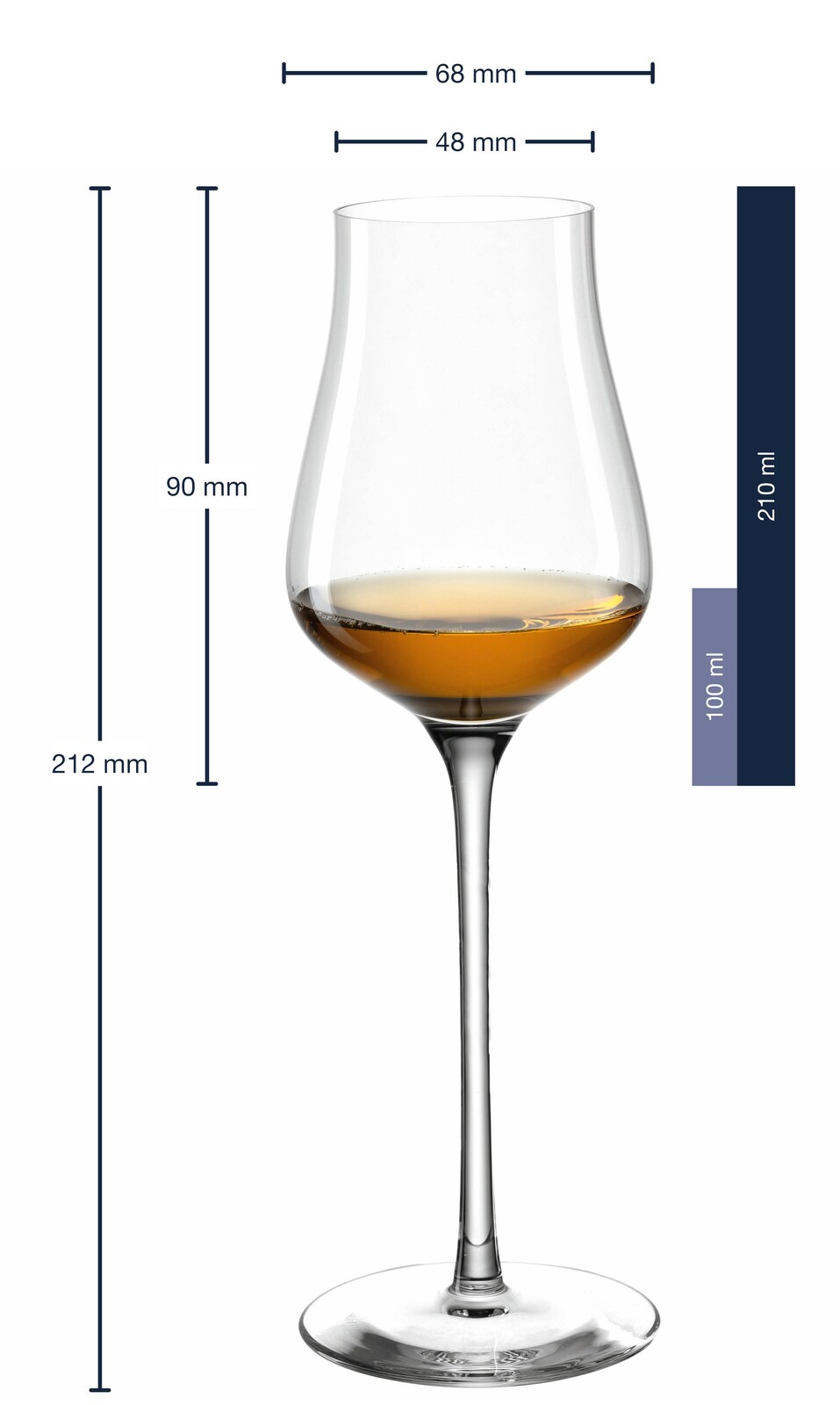 Grappaglas Brunelli 210ml, Seitenansicht mit Maßangaben