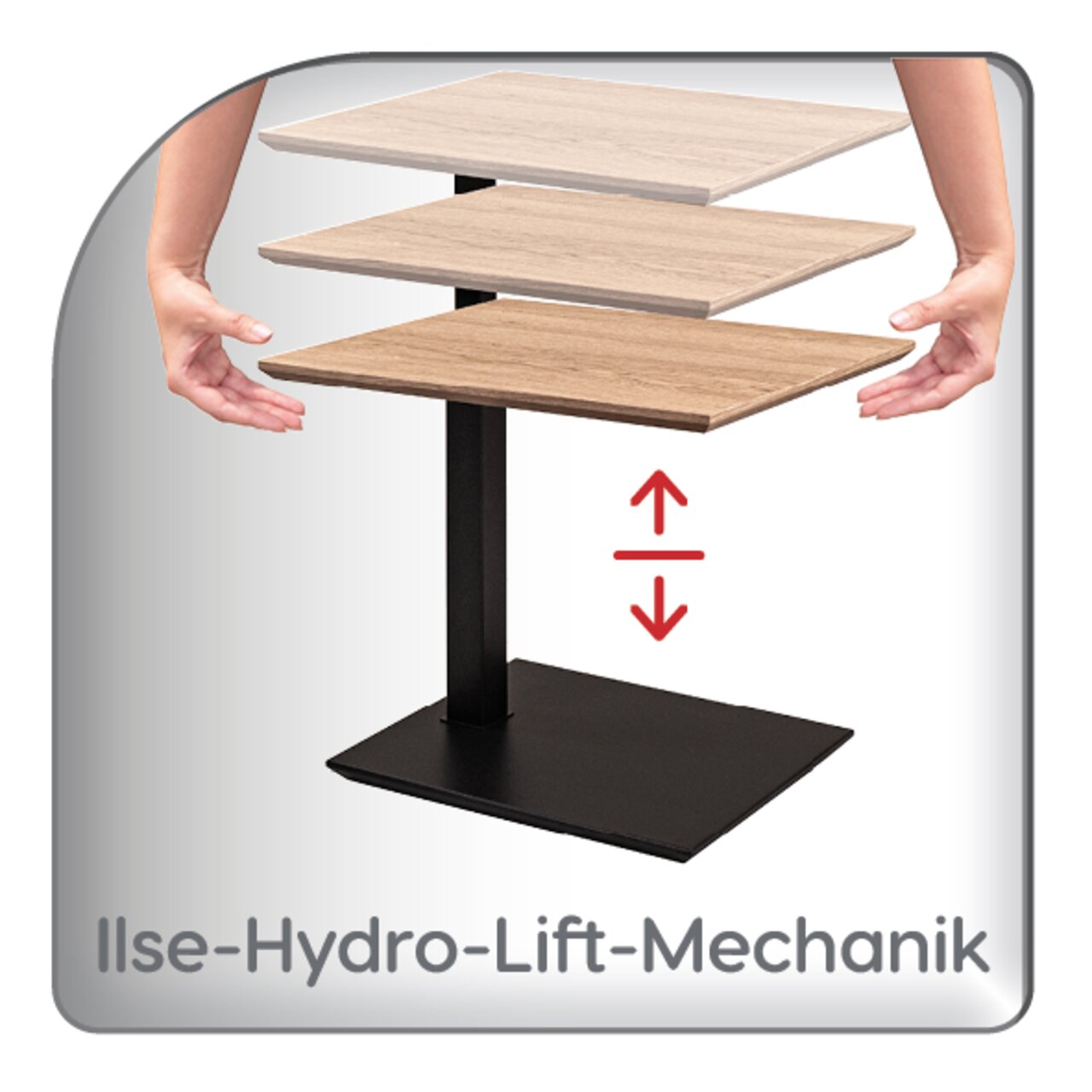 Beistelltisch mit Ilse-Hydro-Lift-Mechanik, seitliche Perspektive, zeigt höhenverstellbare Tischplatten in verschiedenen Holzfarben.
