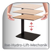 Beistelltisch mit Ilse-Hydro-Lift-Mechanik, seitliche Perspektive, zeigt höhenverstellbare Tischplatten in verschiedenen Holzfarben.