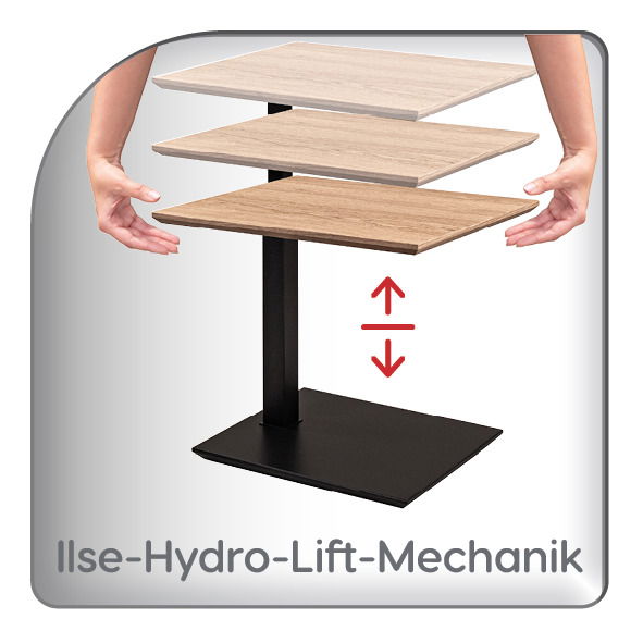 Beistelltisch mit Ilse-Hydro-Lift-Mechanik, seitliche Perspektive, zeigt höhenverstellbare Tischplatten in verschiedenen Holzfarben.