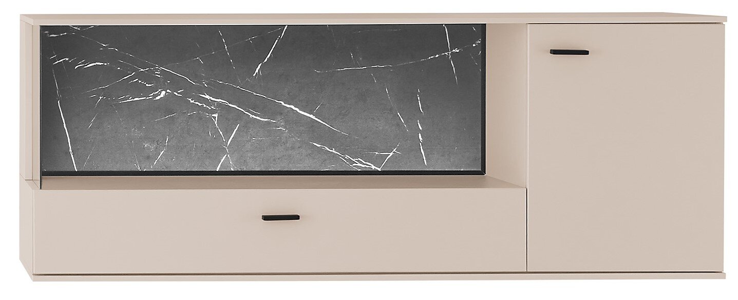 Modernes TV-Lowboard in Beige mit schwarzer Marmoroptik-Rückwand, großer Schublade und rechter Schranktür mit schwarzen Griffen, Frontansicht