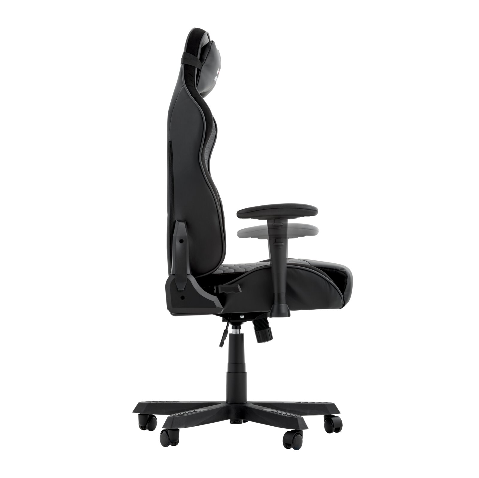 Zijaanzicht van een zwarte gamingstoel met verstelbare armleuningen en een ergonomisch ontwerp.