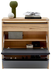 Moderner Schuhschrank aus hellem Holz mit geöffneter Klappe und sichtbaren Ablagefächern, oben mit Deko und Büchern, frontal in leichter Aufsicht vor weißem Hintergrund.