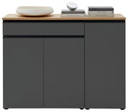 Frontale Ansicht der Kombi-Kommode LENDINA von Dieter Knoll in dunklem Grau mit Holzplatte, dekoriert mit Büchern und einer Schale.