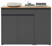 Frontale Ansicht der Kombi-Kommode LENDINA von Dieter Knoll in dunklem Grau mit Holzplatte, dekoriert mit Büchern und einer Schale.