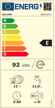 Energieeffizienzlabel der Geschirrspülmaschine WELCOME EGSP1241 V mit Energieklasse E, 92 kWh Energieverbrauch pro 100 Zyklen, 12 Maßgedecke, 11,0 Liter Wasserverbrauch, 3:50 Stunden Laufzeit, 52 dB Lautstärke. Frontalansicht.