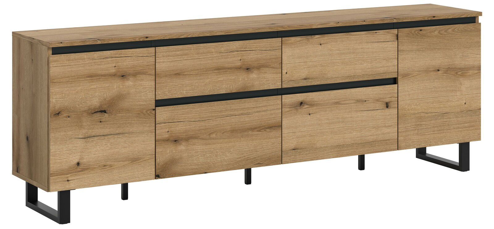 Holz-Lowboard mit schwarzem Metallgestell, seitliche Perspektive