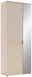 Garderobenschrank mit Spiegel, beige mit Holzdetails, seitliche Perspektive