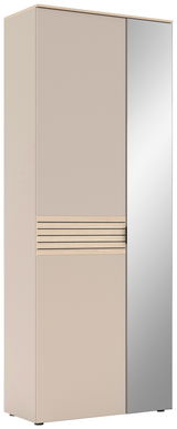 Garderobenschrank mit Spiegel, beige mit Holzdetails, seitliche Perspektive