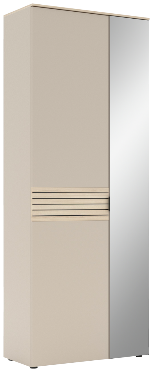 Garderobenschrank mit Spiegel, beige mit Holzdetails, seitliche Perspektive