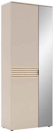Garderobenschrank mit Spiegel, beige mit Holzdetails, seitliche Perspektive
