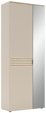 Garderobenschrank mit Spiegel, beige mit Holzdetails, seitliche Perspektive