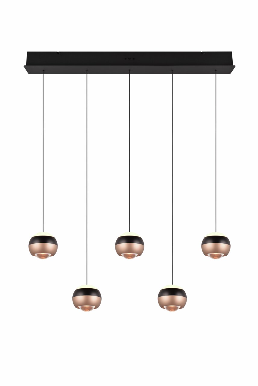 TRIO SELECT Pendelleuchte ORBIT Moderne Pendelleuchte Orbit mit fünf kugelförmigen Lampen, hängend an dünnen Kabeln von einer rechteckigen Deckenhalterung, seitliche Perspektive.