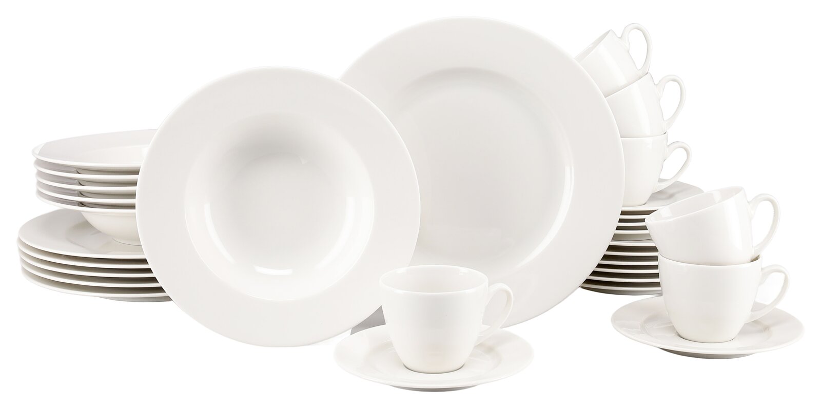 Creatable Kombiservice 30-tlg VENICE Weißes, minimalistisches Porzellan-Geschirrset mit Tellern, Schalen und Tassen mit Untertassen, frontal in leichter Schrägansicht auf weißem Hintergrund arrangiert