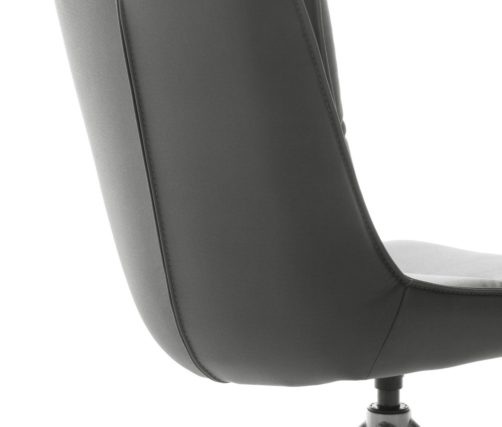 Rückansicht eines modernen grauen Stuhls mit gepolsterter Rückenlehne und sichtbarer Naht.