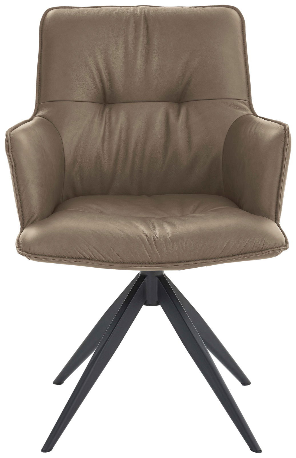 Design-Schalensessel in braunem Leder mit schwarzem Metallgestell, Frontalansicht