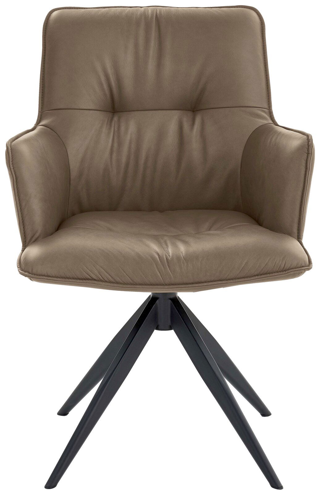 Design-Schalensessel in braunem Leder mit schwarzem Metallgestell, Frontalansicht