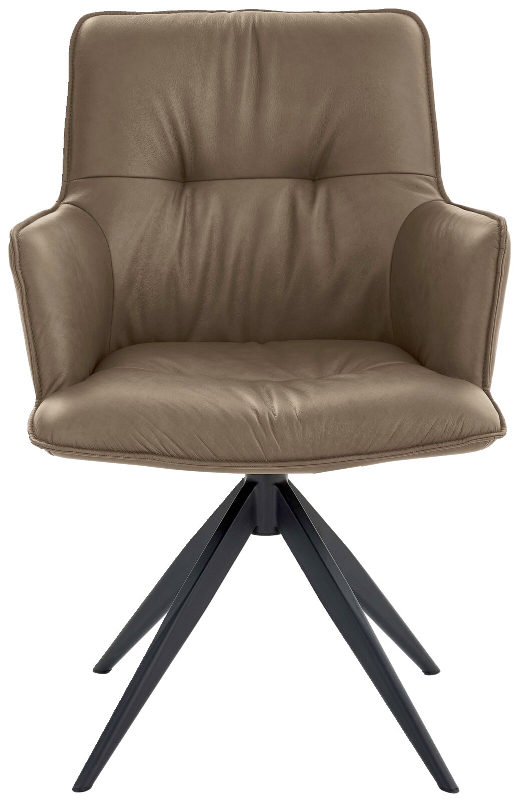 Design-Schalensessel in braunem Leder mit schwarzem Metallgestell, Frontalansicht