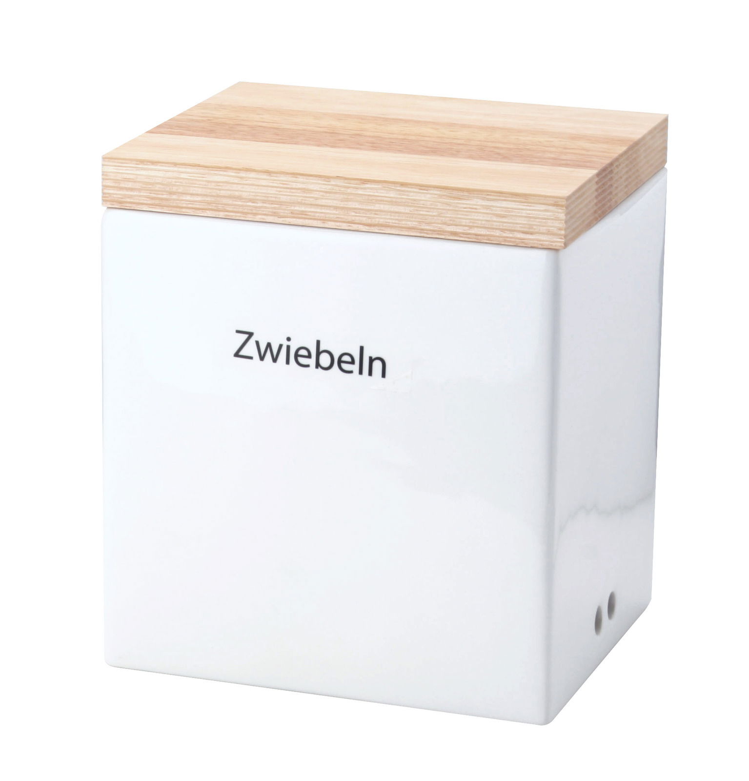 Weiße Vorratsdose mit Holzdeckel, Aufschrift 'Zwiebeln', seitliche Perspektive