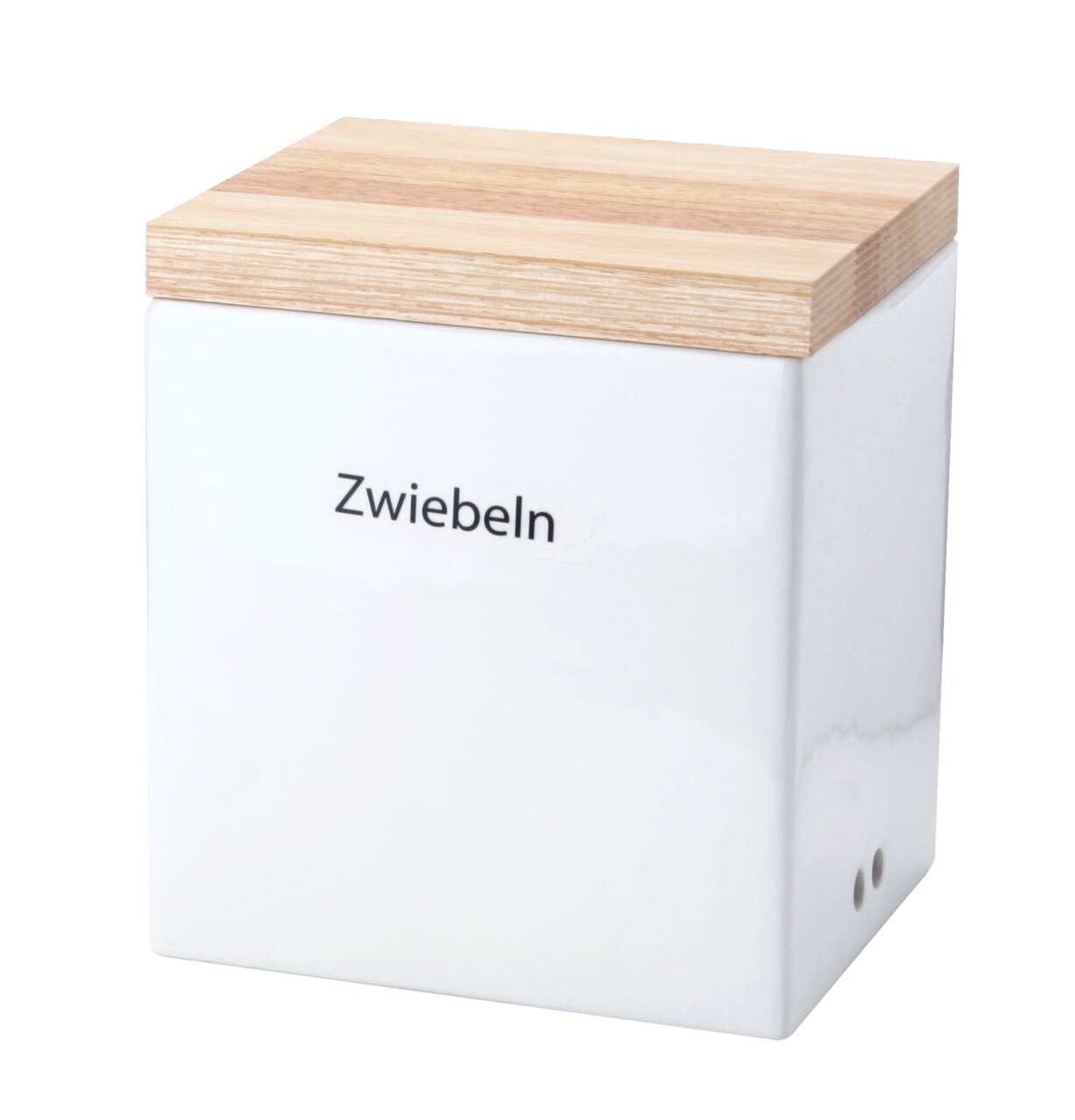Weiße Vorratsdose mit Holzdeckel, Aufschrift 'Zwiebeln', seitliche Perspektive