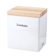 Weiße Vorratsdose mit Holzdeckel, Aufschrift 'Zwiebeln', seitliche Perspektive
