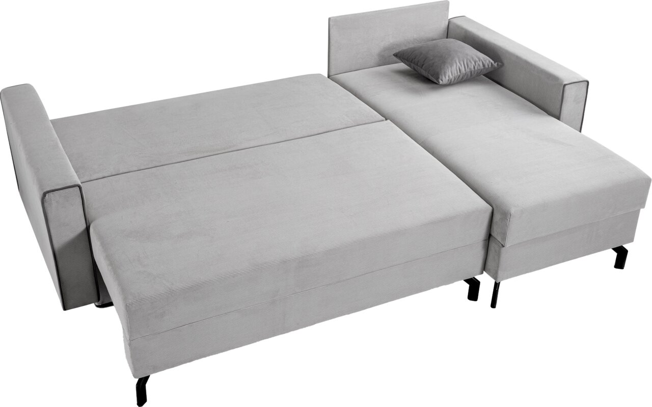 Graues Schlafsofa in L-Form, ausgeklappt als Bett, mit einem Kissen, Perspektive von oben.