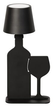 Schwarze Akku-Tischleuchte in Form einer Flasche und eines Weinglases, seitliche Perspektive