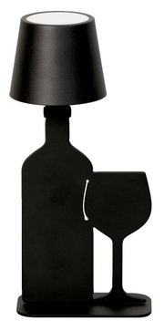 Schwarze Akku-Tischleuchte in Form einer Flasche und eines Weinglases, seitliche Perspektive