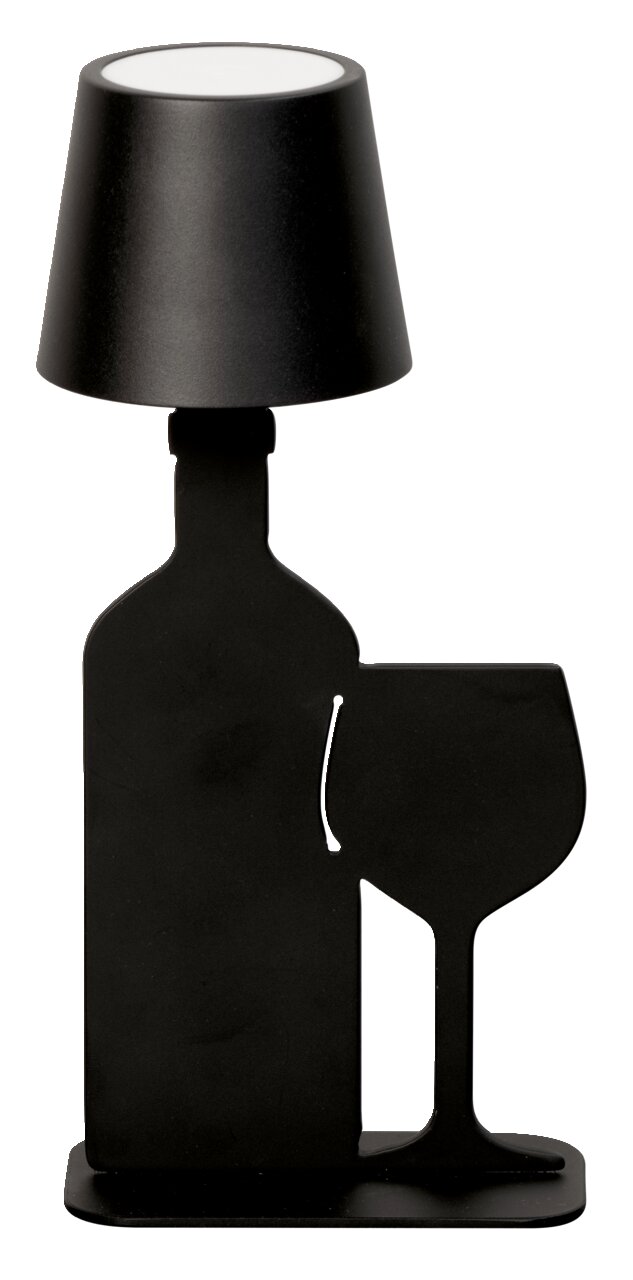 Schwarze Akku-Tischleuchte in Form einer Flasche und eines Weinglases, seitliche Perspektive