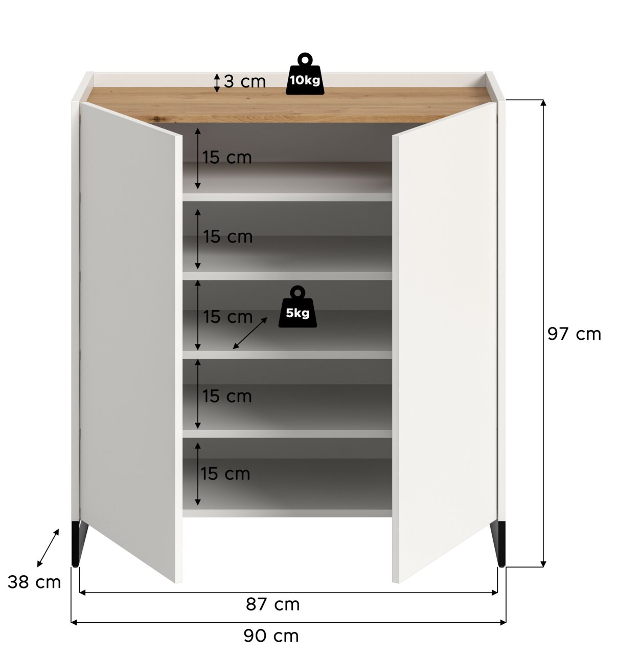 Weißer Schuhschrank mit geöffneten Türen und Holzoptik-Oberplatte, Innenansicht mit mehreren Ablageböden (je ca. 15 cm Abstand), Maße ca. 90 x 38 x 97 cm, Belastbarkeit oben 10 kg und je Boden 5 kg, frontal in leichter Draufsicht.