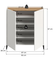 Weißer Schuhschrank mit geöffneten Türen und Holzoptik-Oberplatte, Innenansicht mit mehreren Ablageböden (je ca. 15 cm Abstand), Maße ca. 90 x 38 x 97 cm, Belastbarkeit oben 10 kg und je Boden 5 kg, frontal in leichter Draufsicht.