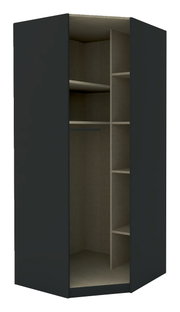 Eckschrank Korpus 210 in dunkler Farbe mit mehreren Regalfächern und Kleiderstange, frontale Ansicht